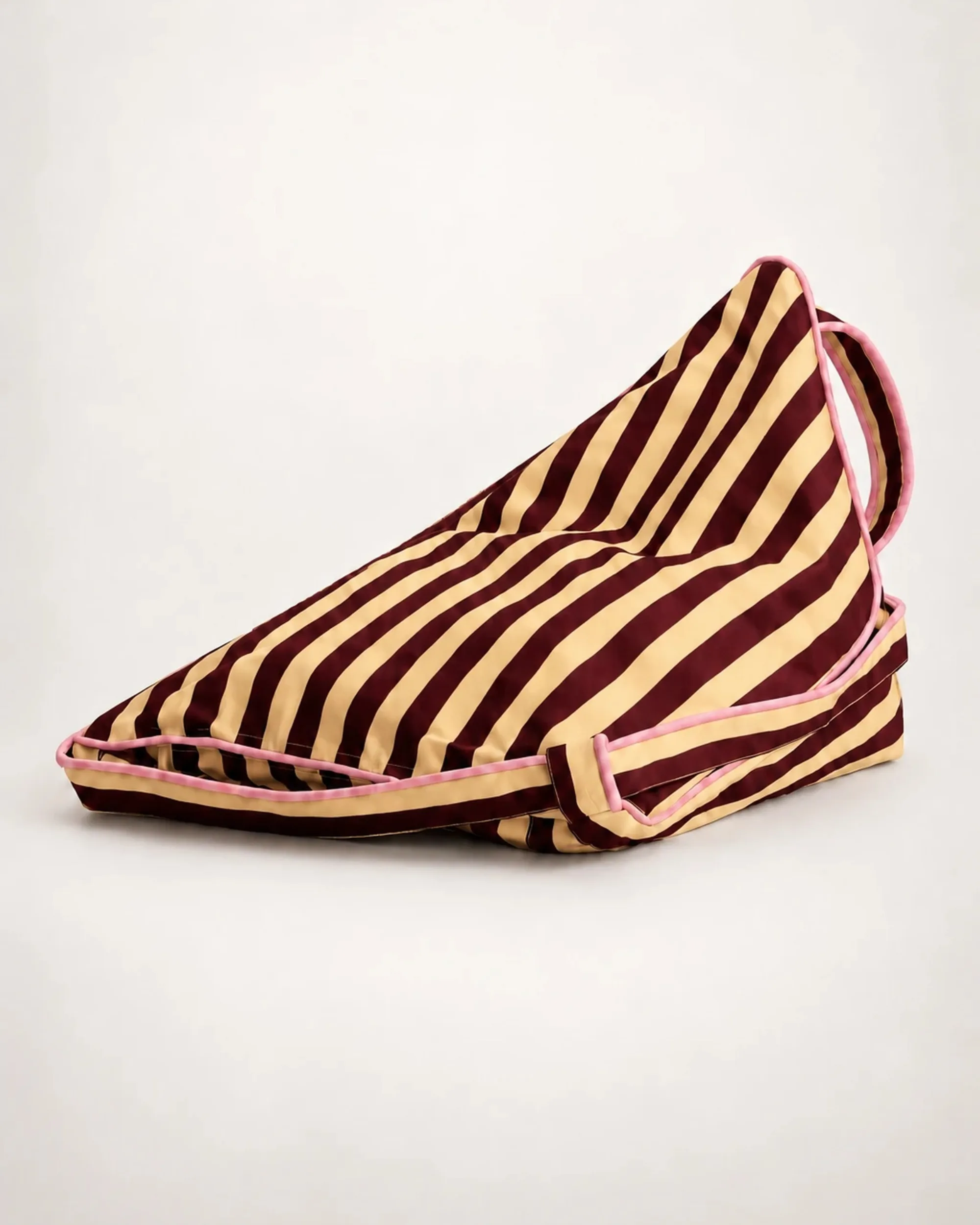 Pier 55 bean-bag backrest in plum and butter-yellow striped canvas, three-quarter view