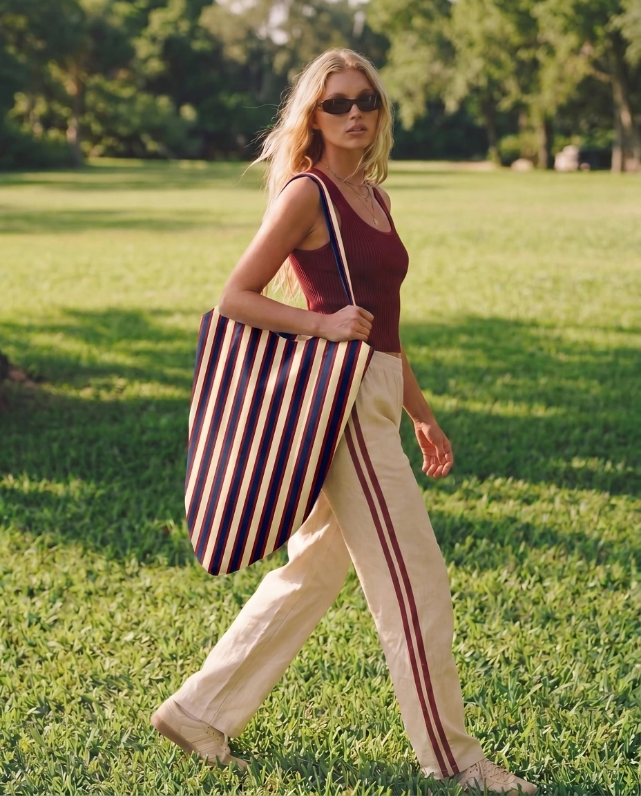 LIELOW Montauk — model walking through park with striped tote