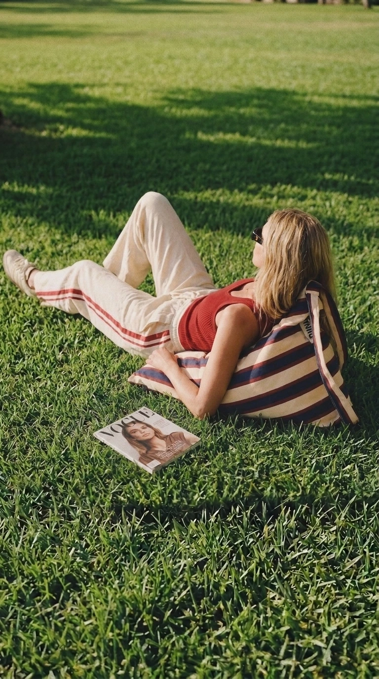 LIELOW in the park — woman lounging on striped bag in grass with magazine