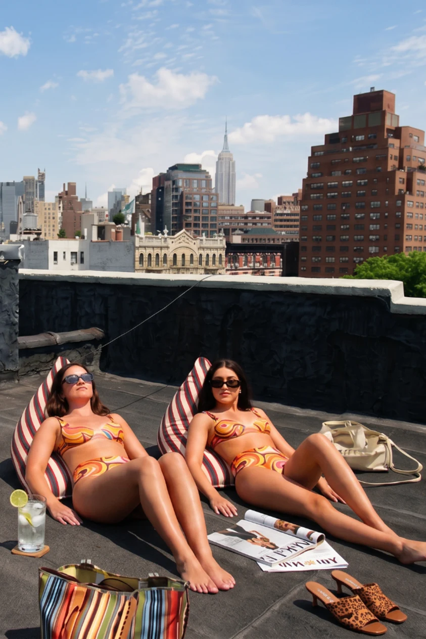 LIELOW on a NYC rooftop — models lounging with striped bag-chairs and Manhattan skyline