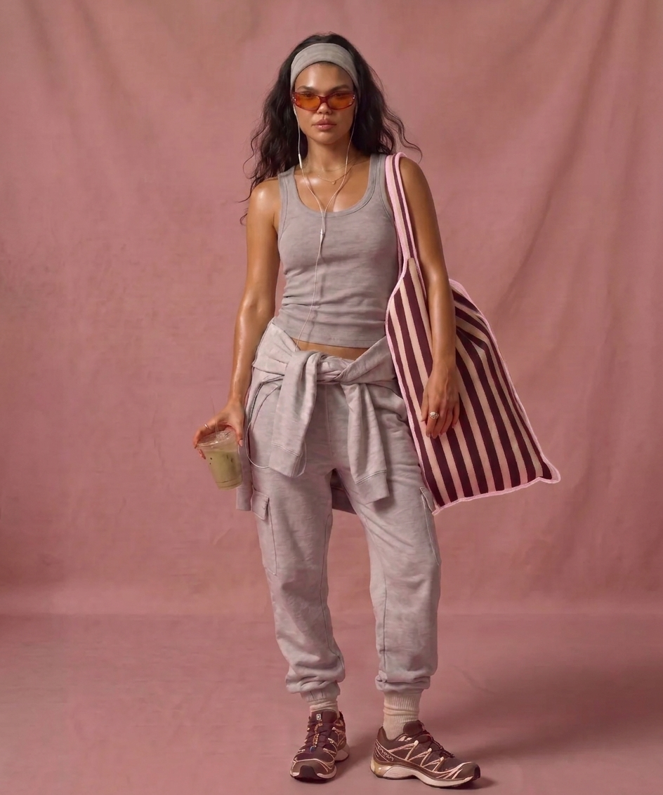 Lielow Pier 55 — model standing carrying striped tote against pink backdrop