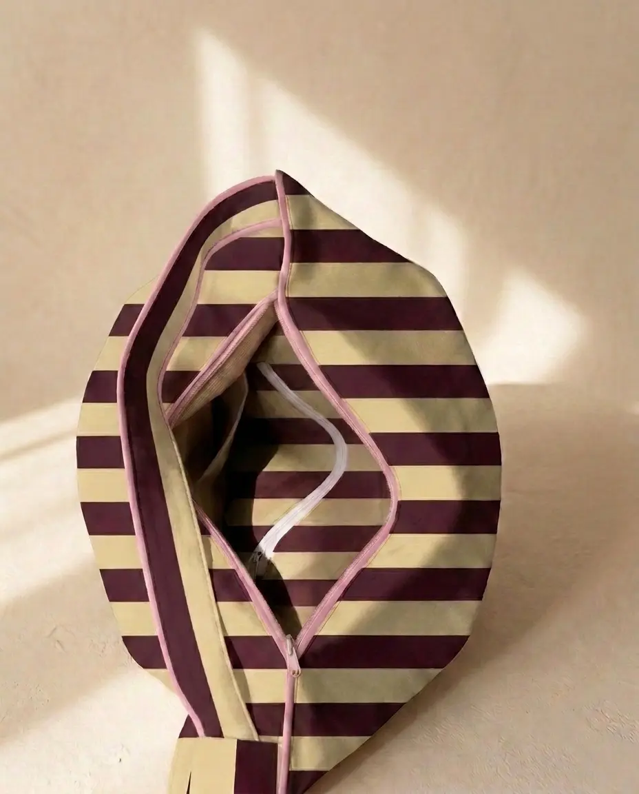Lielow Pier 55 — interior view of striped bag with pink piping and zipper